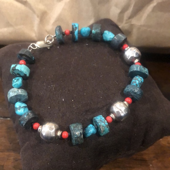 STERLING SILVER and TURQUOISE Rustic Bracelet with Lobster a Clasp - Picture 6 of 11